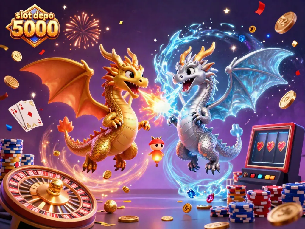 Engage in the thrilling slot depo 5000 with dynamic dragons battling in a vibrant casino scene filled with gold coins and sparkling gems.