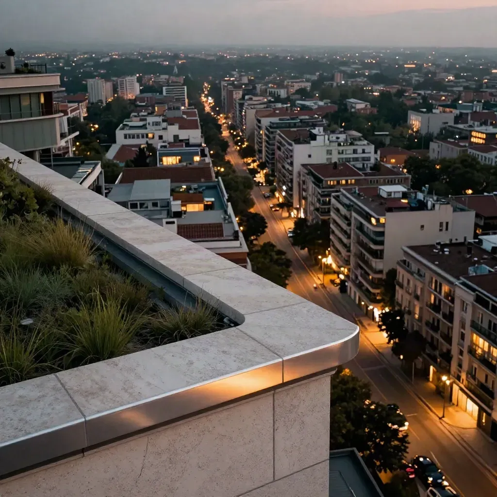 Vista urbana serale dai tetti, griglia del quartiere e luci dei trasporti sotto una lieve foschia.