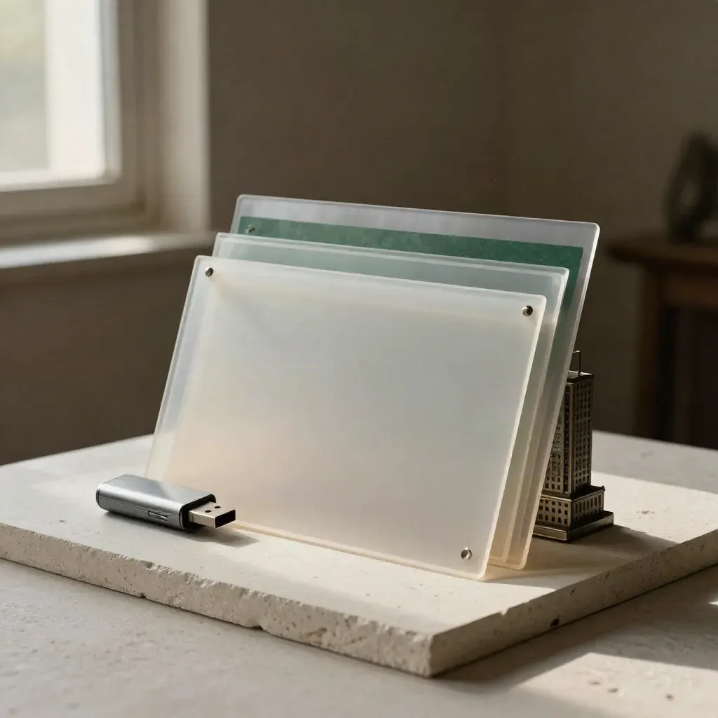 Fascicolo traslucido, chiavetta USB e planimetrie in acetato con modello di torre su fondo chiaro.