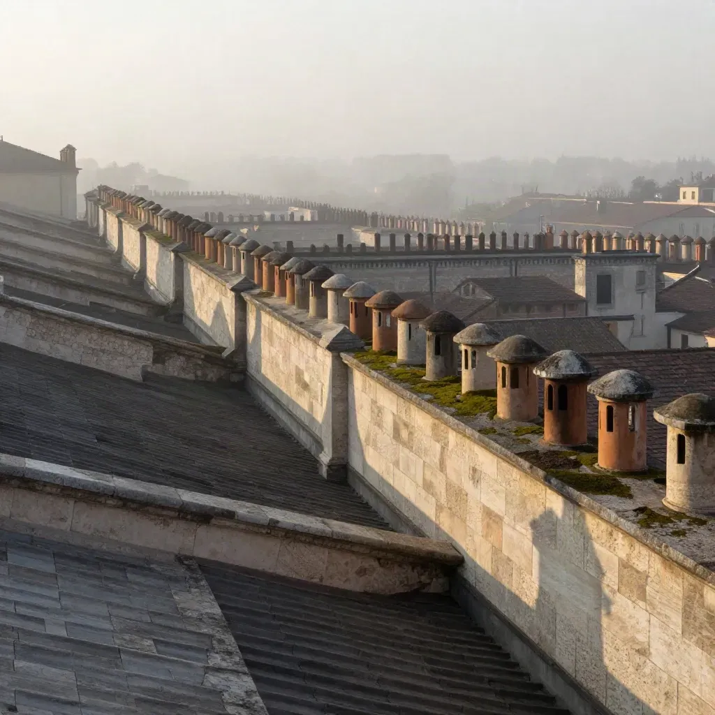 Tetti del Duomo e di Brera emergono nella nebbia all’alba sopra una terrazza in pietra.